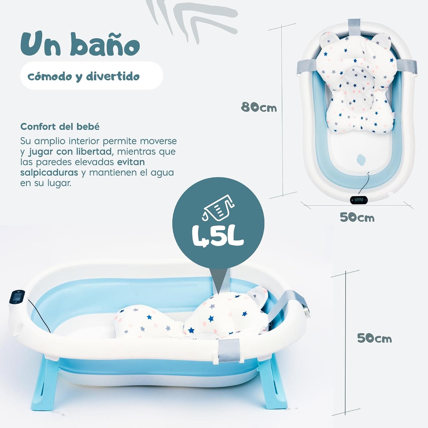 Esquema con las medidas de la bañera y su capacidad de 45 litros